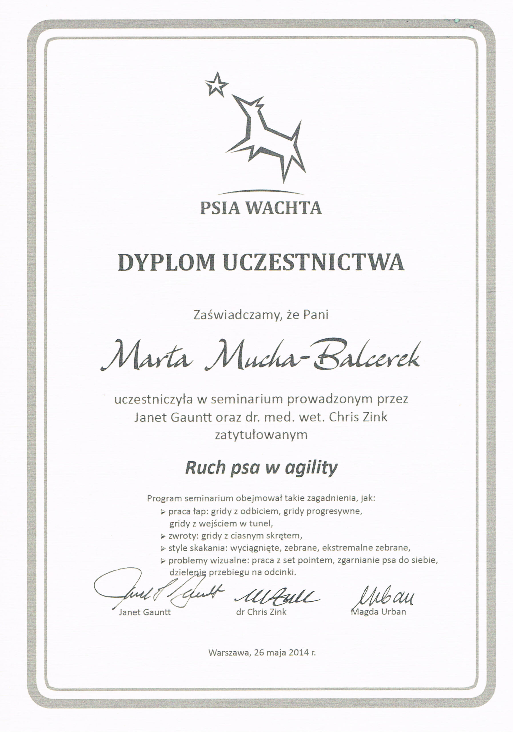 certyfikat psia wachta Mucha-Balcere