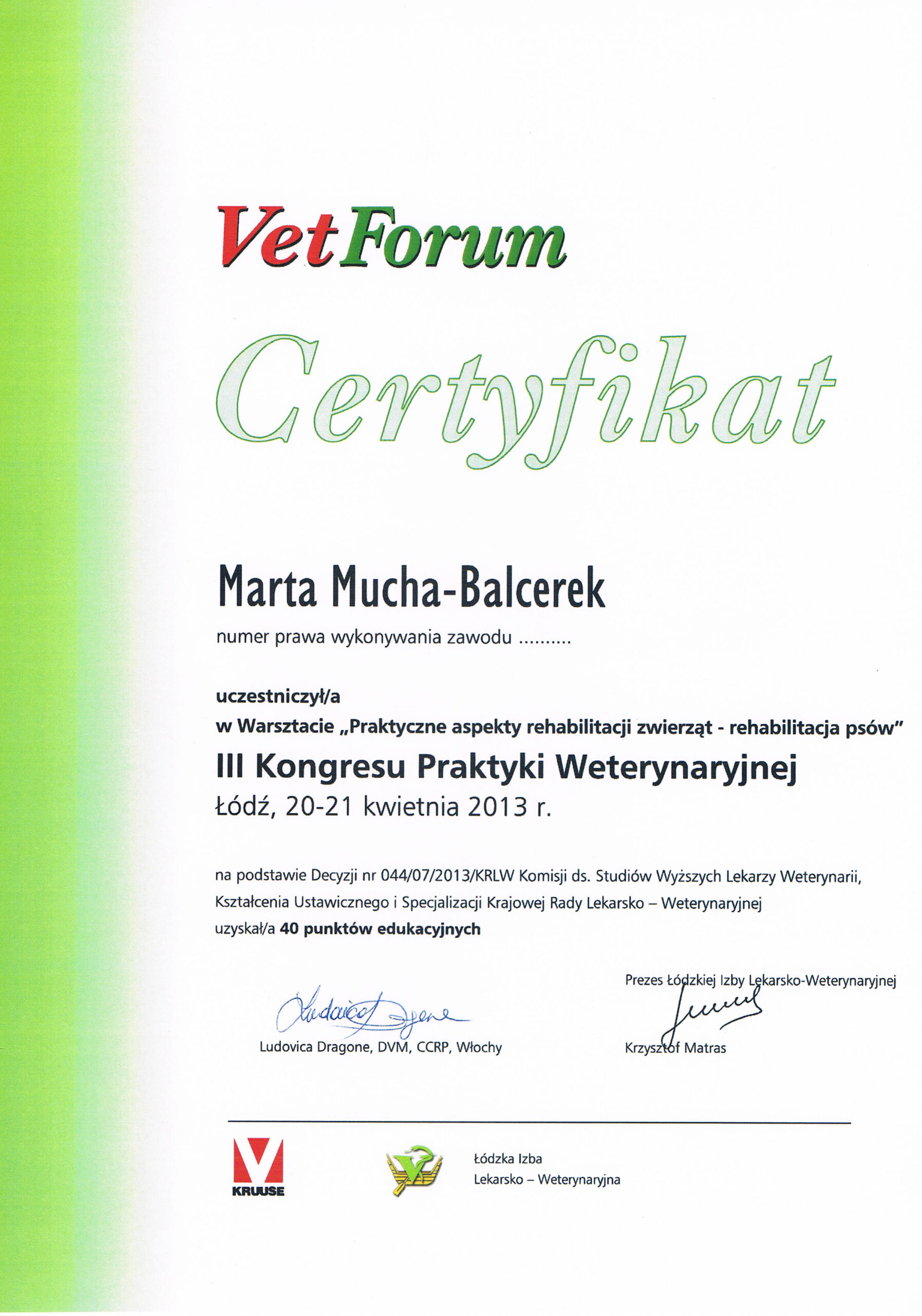 certyfikat vetforum Mucha-Balcerek