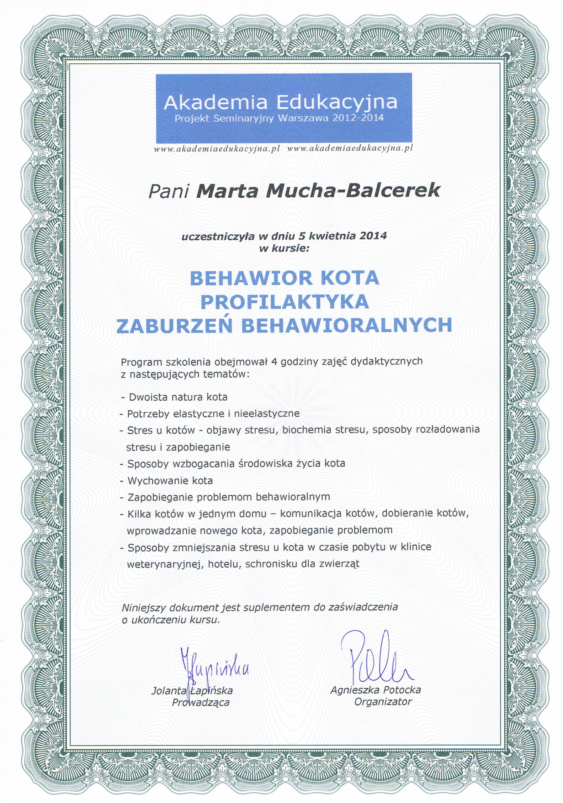 certyfikat akademia edukacyjna Mucha-Balcerek