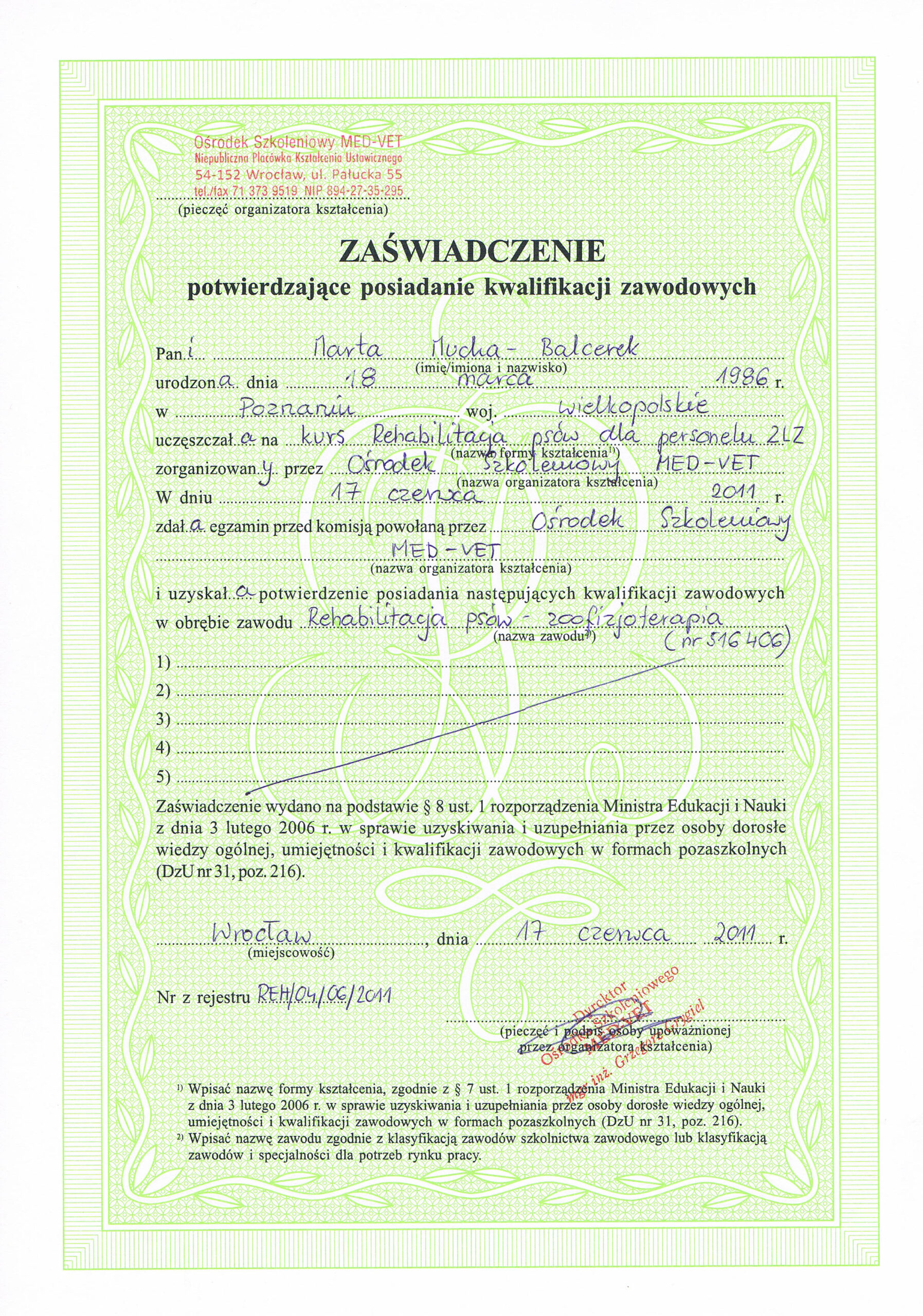kwalifikacje zawodowe zoofizjoterapeuta Mucha-Balcerek