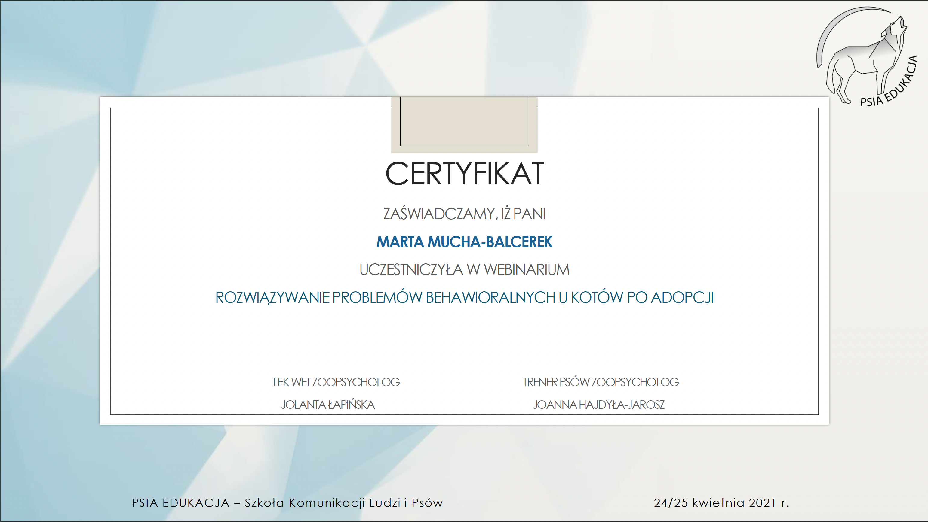 certyfikat psia edukacja Mucha-Balcerek
